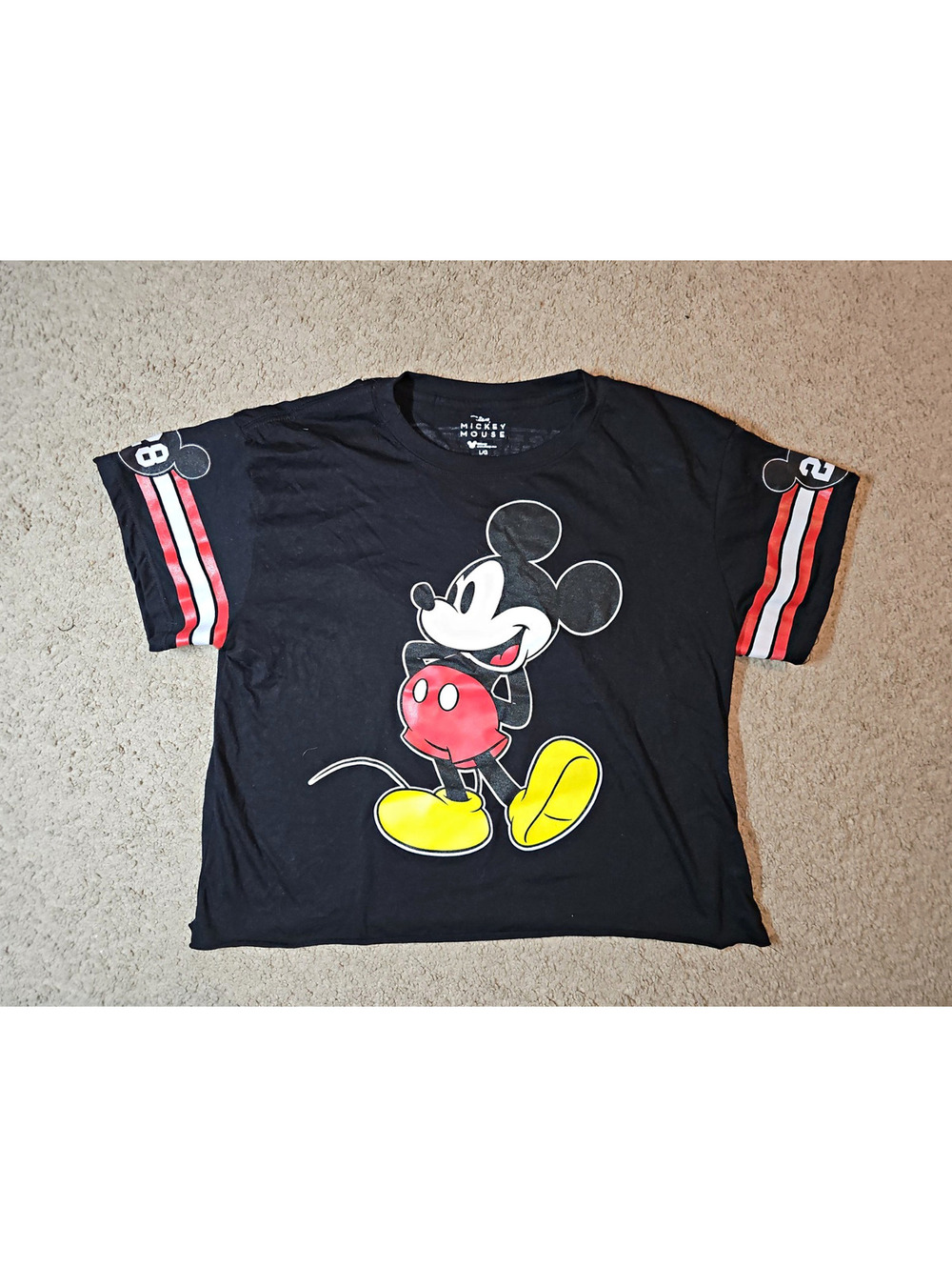 Disney Mickey Mouse Cropped Jersey T-Shirt Black Varsity 28 Women's Large